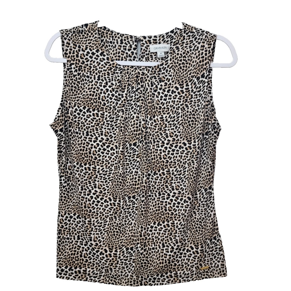 Calvin Klein Blouse Womens Medium Cheetah Animal Print Sleeveless Pleated‎ Brown
